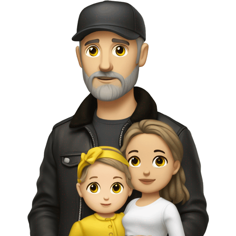 White-skinned slavic man with stubble, gray beard, brown hair, black eyes, black Reebok cap, leather jacket, holding infant girl in yellow dress with yellow bow. emoji