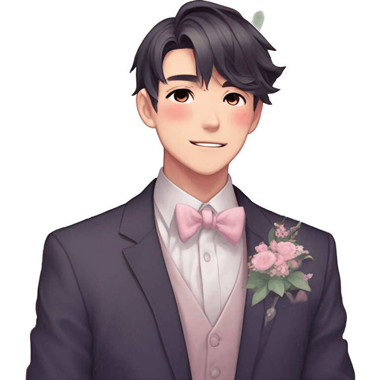 Gorgeous romantic anime style Asian formal modern gentlemanly guy with flowers and blushing face aesthetic trending style outside with colorful gradient colors  pastelcore cottagecore kawaiicore emoji