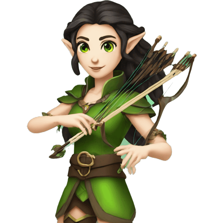 Female elf bard with dark hair green eyes elf bard drum crossbow magic emoji