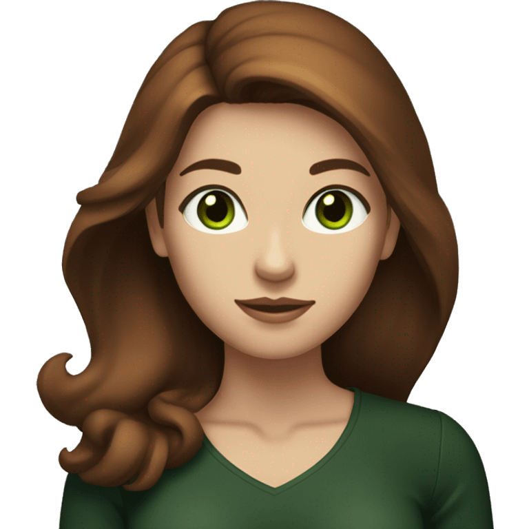 Attractive woman with waist long chestnut-brown hair, dark green eyes, and a black top emoji