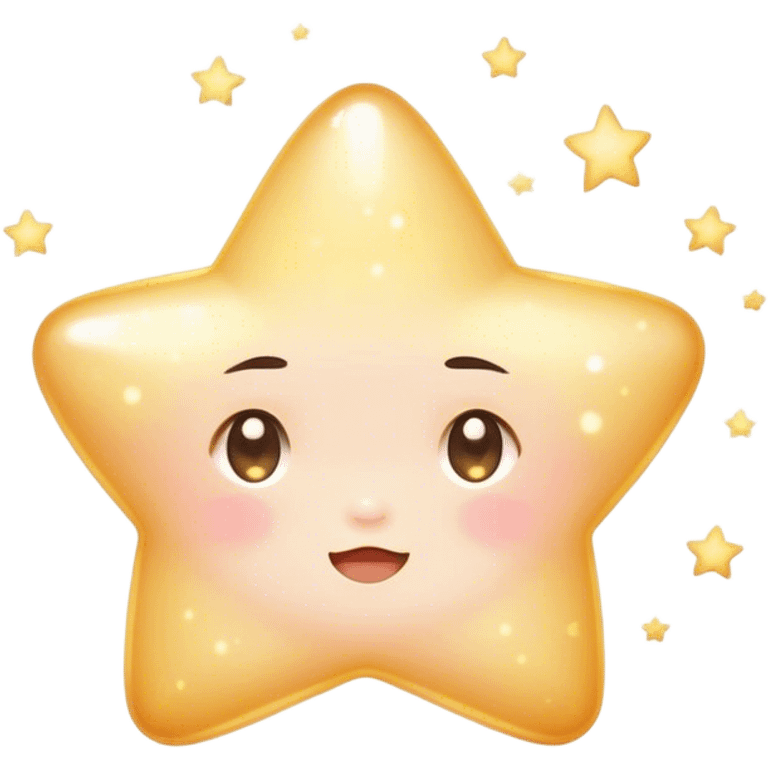 Cinematic cute sparkling star, chubby rounded edges, golden glow, tiny blushing cheeks, warm and gentle shine, twinkling softly in a pastel night sky. emoji