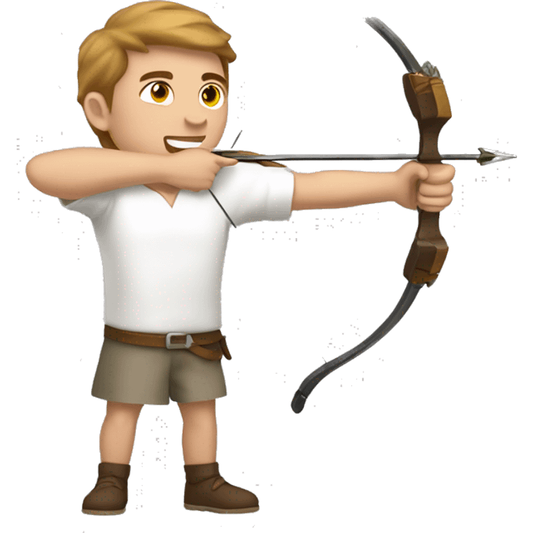 a male archer aiming with a bow looking and  aiming at his target, wearing a white shirt, very show brown hair, bright skin emoji