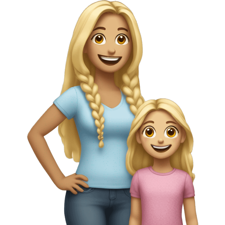 An emoji of a blonde mother with very long hair and a cheerful expression, standing next to her 3-year-old daughter, a small girl with black hair styled in two braids, both smiling happily together emoji