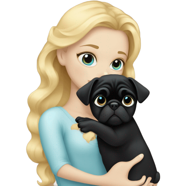 Girl with wavy blonde hair and blue eyes, kissing a black pug emoji