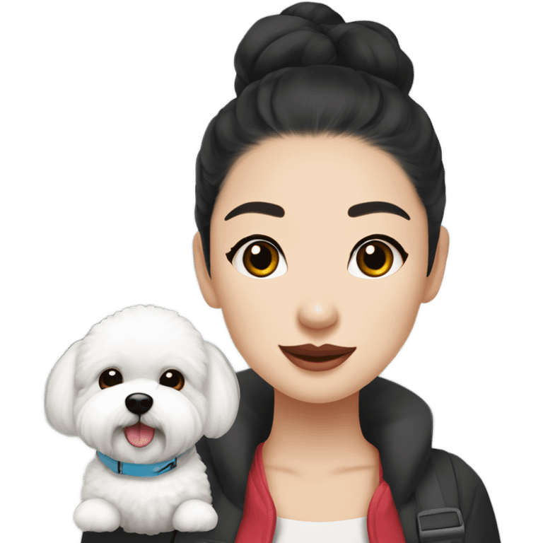 A cute korean style bichon frise with a dark-haired in a bun Asian woman at the airport  emoji