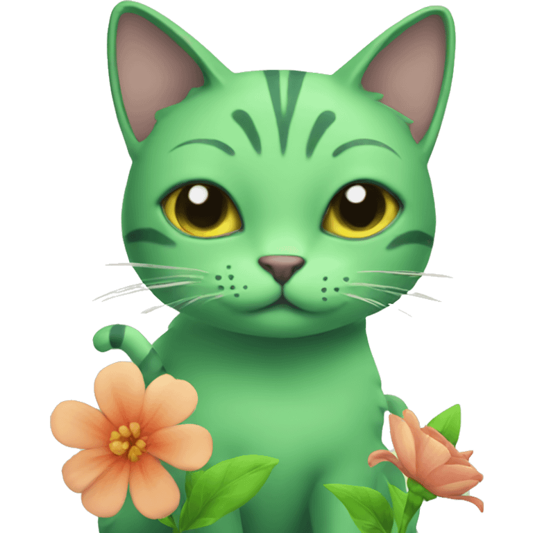 Green cat with flower emoji