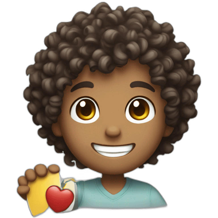 curly hair cute boy holding a vinyl in his hand, smiling, cute emoji