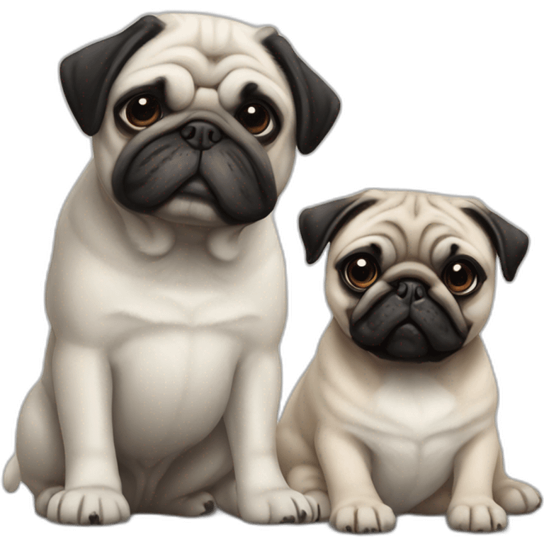 Two dogs a shitzu black and white next to classic pug emoji