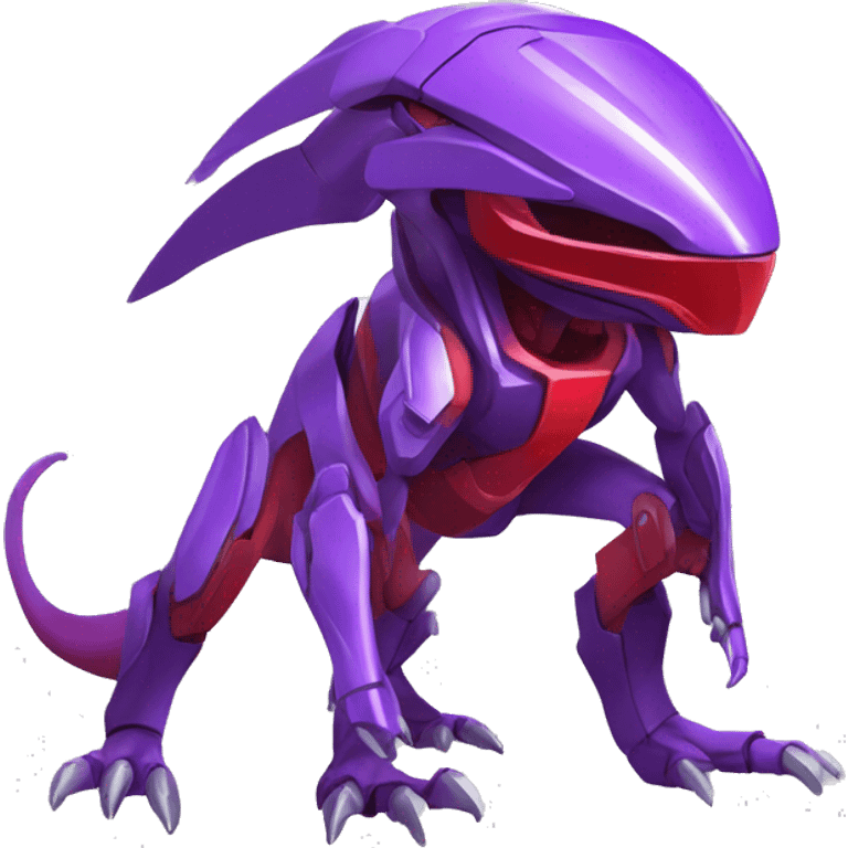 a shiny purple-red Genesect-Raptor-Fakémon—hybrid with a futuristic visor-helmet full body emoji