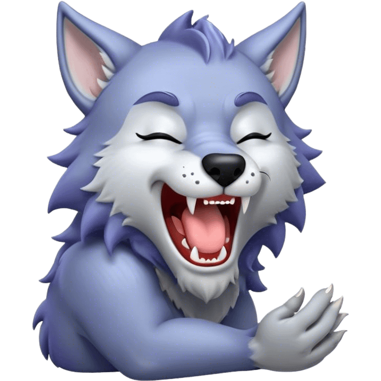 Cinematic Cute Yawning Werewolf Portrait Emoji, with a cuddly, miniature lupine form in soft moonlit grays and silvers, head leaning back in a big, adorable yawn that reveals a few fuzzy teeth, simplified yet irresistibly charming, highly detailed with a soft glowing outline that captures the drowsy, playful essence of a werewolf mid-nap! emoji