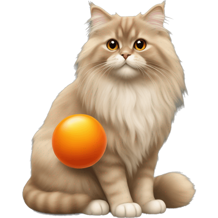 British longhair cat fawn color playing with an orange ball emoji