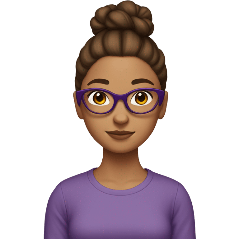 girl with tortise shell square glasses, brown hair in a bun, and eight and purple swaetshirt emoji