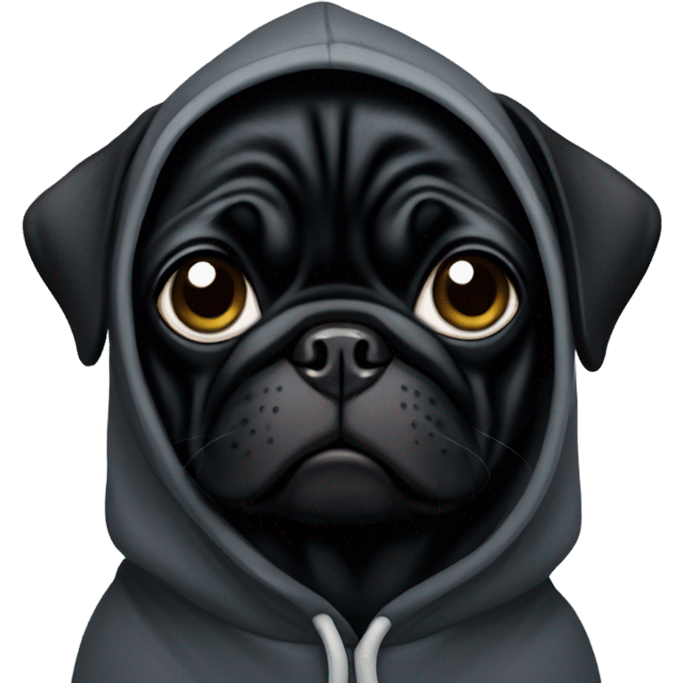 Black pug wearing a black hoodie emoji