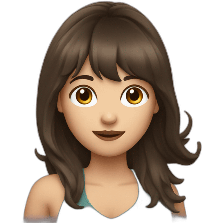 brunette woman with bangs and long hair waving emoji