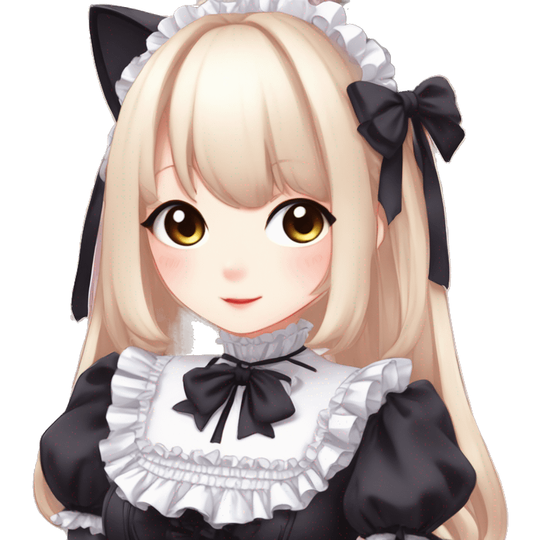 Gorgeous gothic Lolita anime style catgirl with blushing face with maid outfit laces idol model kawaiicore pearly petite simplistic aesthetic trending style emoji