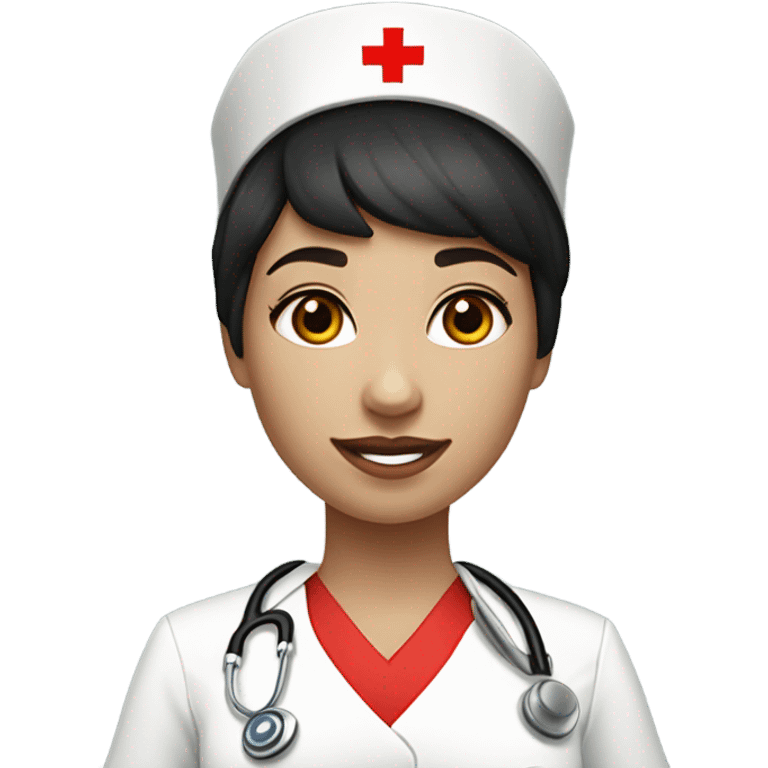 pixie cut black straight hair female nurse with red cross sign hat wearing dress
pale skin color emoji