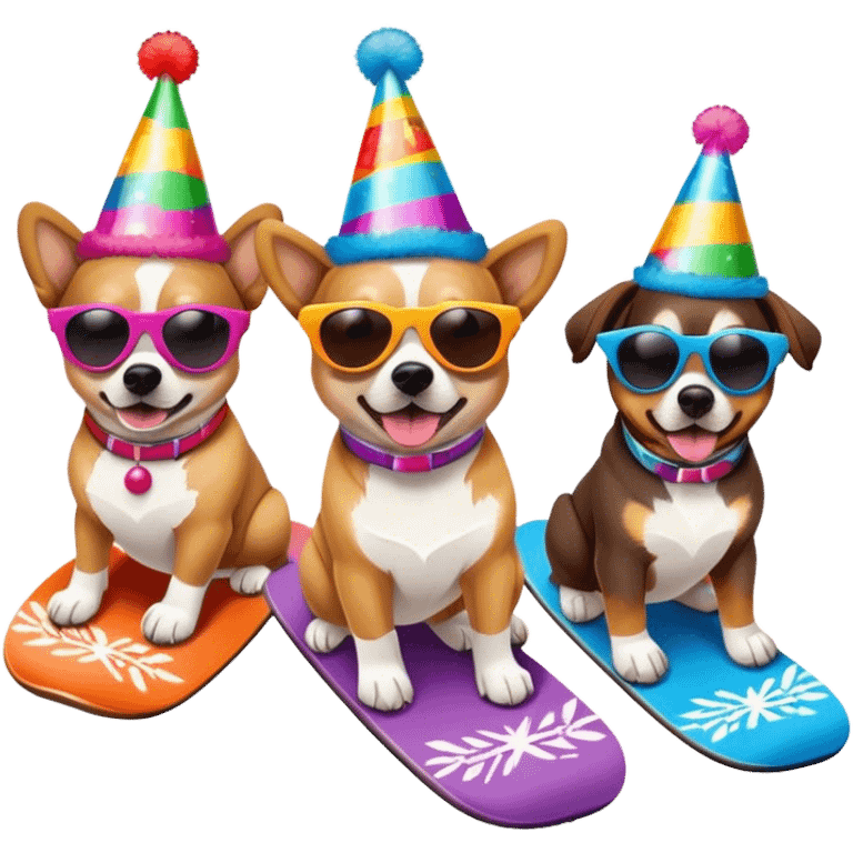 3 dogs snowboarding birthday party emoji