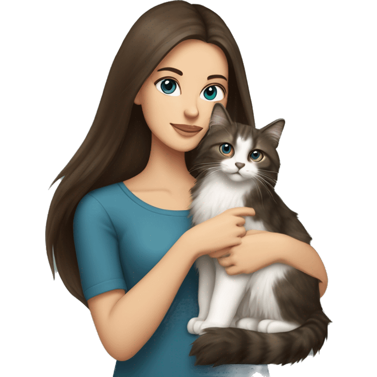 long straight haired blue eyed brunette woman holding norwegian forest cat with amber eyes emoji