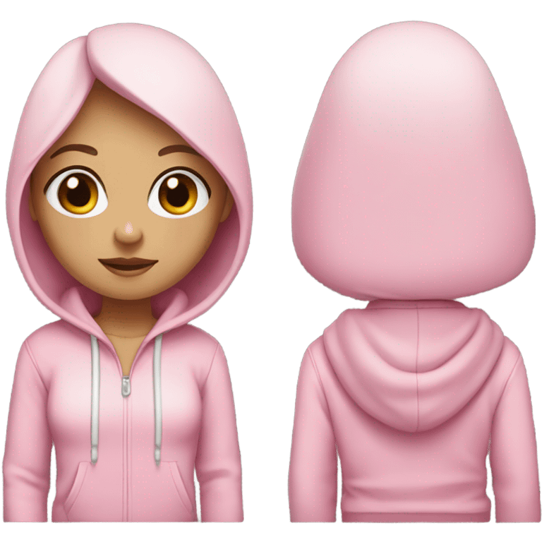 girl with bob, dark hair and white strands, light eyes, pink hoodie emoji