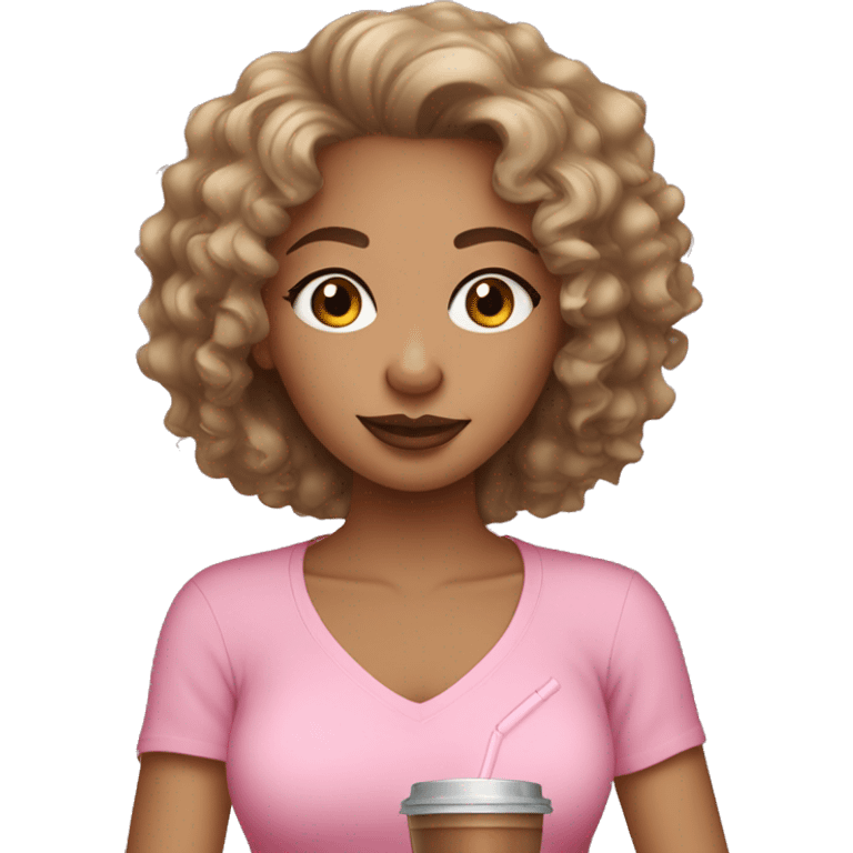 Light skin girl with curly hair wearing a pink shirt drinking iced coffee emoji