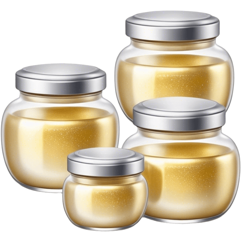 Cinematic Realistic Glitter Jars, elegant glass containers filled with ultra-fine shimmering gold and silver dust, light catching the tiny specks in a mesmerizing glow, slightly open lids revealing the rich, sparkling texture inside, set against a softly blurred background, radiating a sense of enchantment and wonder. emoji