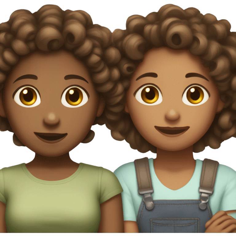 Curly haired brown skin girl with her brownskin mother with short brown braids emoji