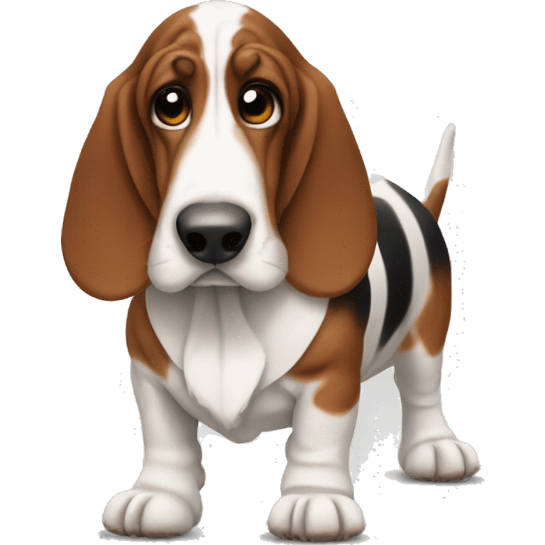 Basset hound with brown and white spots in a tutu emoji