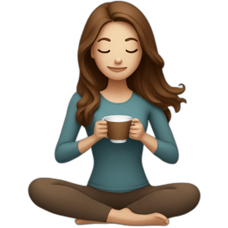 Yoga Woman long brown hair drinks coffee emoji