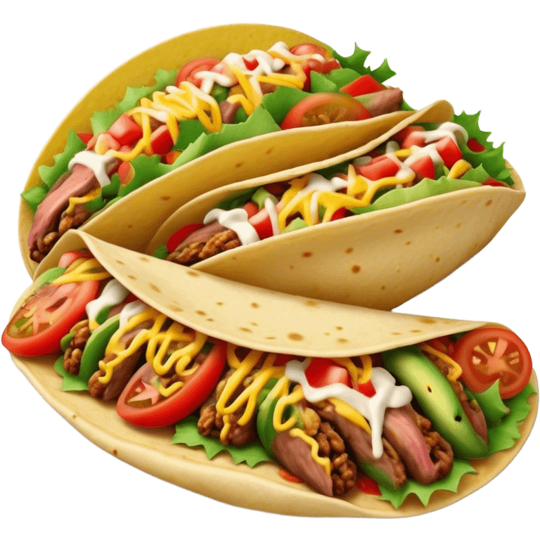 Cinematic vibrant tacos, warm soft shells filled with flavorful meats, fresh vegetables, cheese, and zesty salsa, colorful and lively, ultra-detailed and appetizing. emoji