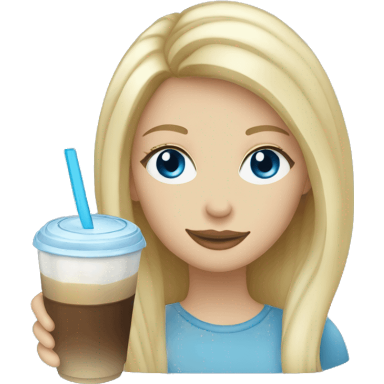 Blonde hair blue eyes girl drinking ice coffee emoji