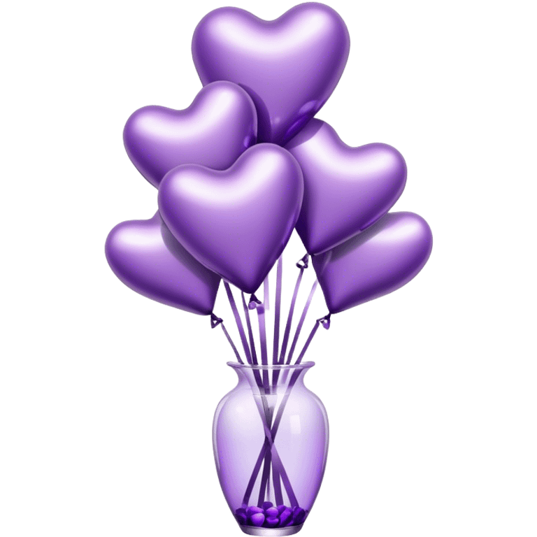 "A cluster of metallic heart-shaped balloons in varying shades of purple, floating beside a sleek glass vase filled with matching roses."
 emoji