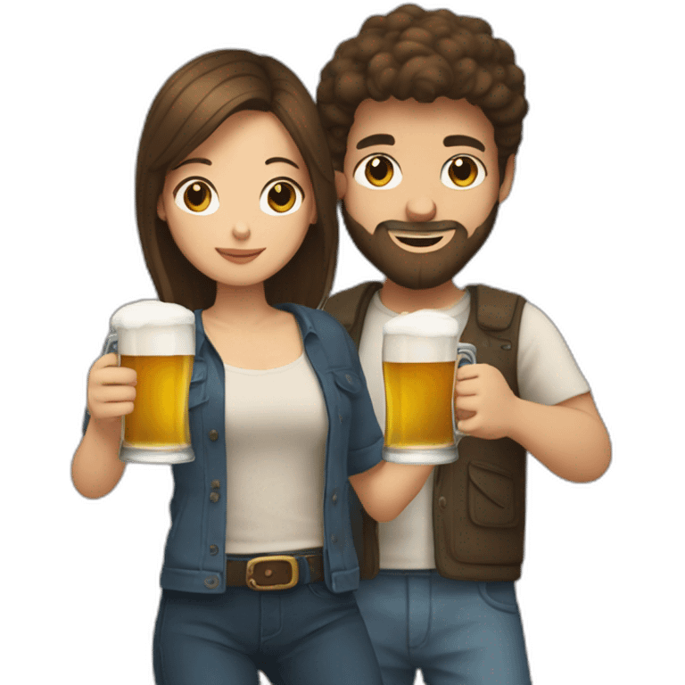 young girl with short brown hair in a relationship with a young man with a beard drinking beers emoji