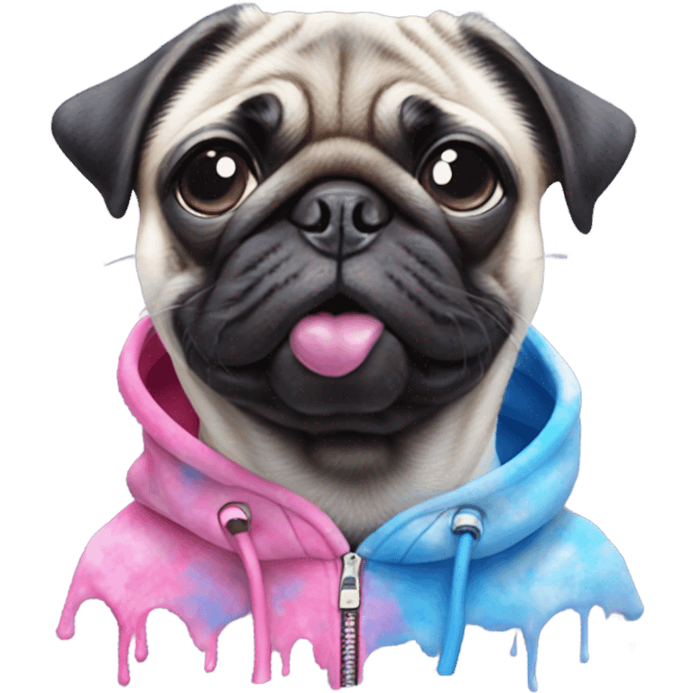 Pug sticking tongue out wearing pink and blue Tye dye hoodie emoji