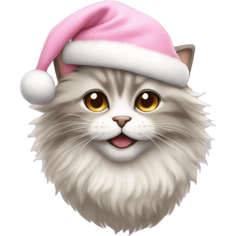 a fluffy cat with a pastel pink santa hat emoji