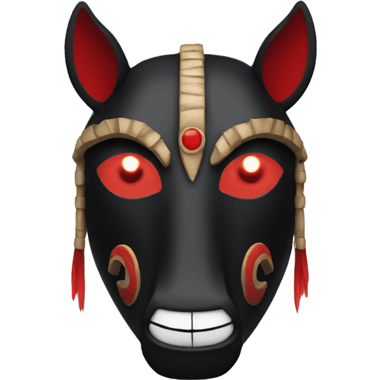 Black tribal mask of a smiling horse with red eyes in front emoji