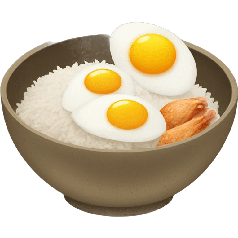 a bowl of rice with two eggs and two chicken emoji