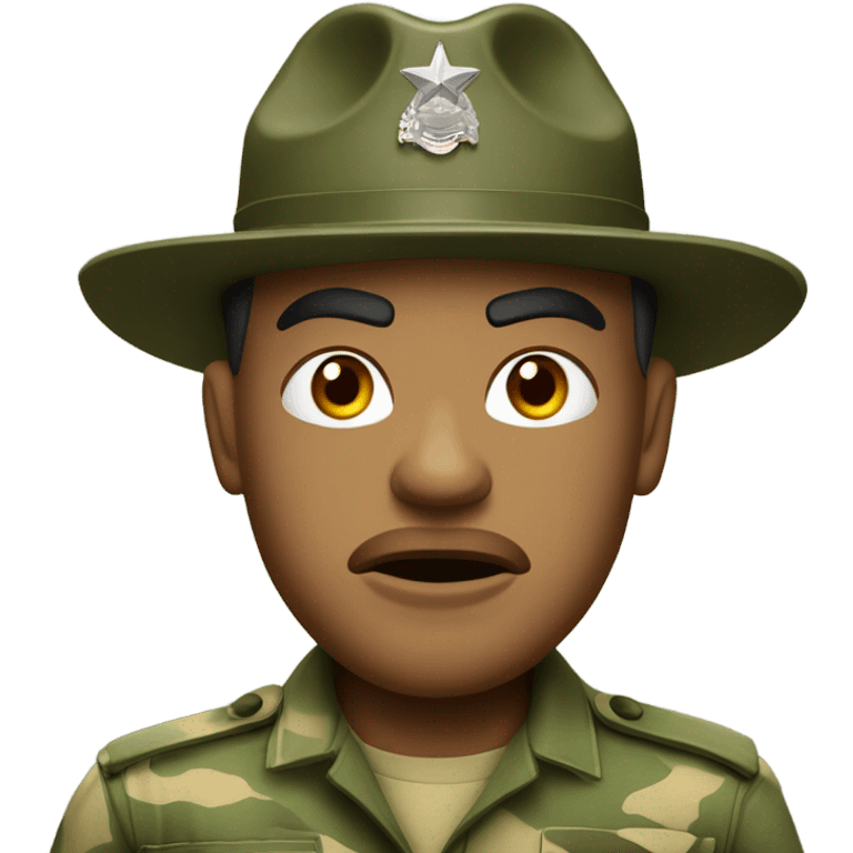 drill sergeant character wearing a classic sergeant hat and a camouflage army shirt. The character should have an angry intense expression. full torso emoji