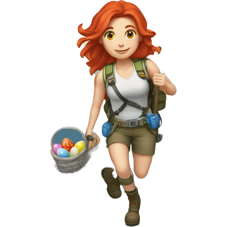 Female mountain climber red hair climbing with Greek flag and holding Easter eggs basket emoji