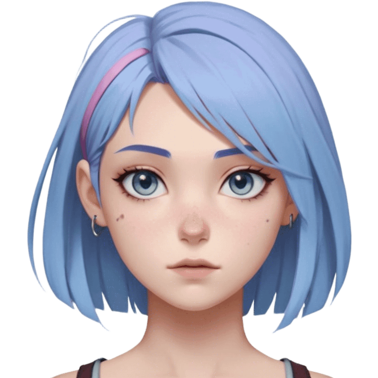 Vi from Arcane (Netflix Animation)

Face Shape: Strong, angular with high cheekbones and a defined jawline. Slightly pointed chin.
Skin Tone: Fair with a pinkish undertone.
Eyes: Large, almond-shaped, slightly downward-tilted, grey/light-blue.
Eyebrows: Thick, sharp, slightly arched, adding to her bold expression.
Nose: Small to medium with a slightly upturned tip.
Lips: Full but not overly plump, often pursed or smirking.
Hair: left side shaved, right side with long, voluminous bangs partially covering her eye. The back is short and messy.
Other Features: Light freckles, a scar on her right eyebrow.
Expression: Intense and confident, often smirking or glaring.
Accessories: Small silver hoop earring in her left ear.
Tattoo: Roman numeral "VI" on her left cheekbone, below her eye. emoji