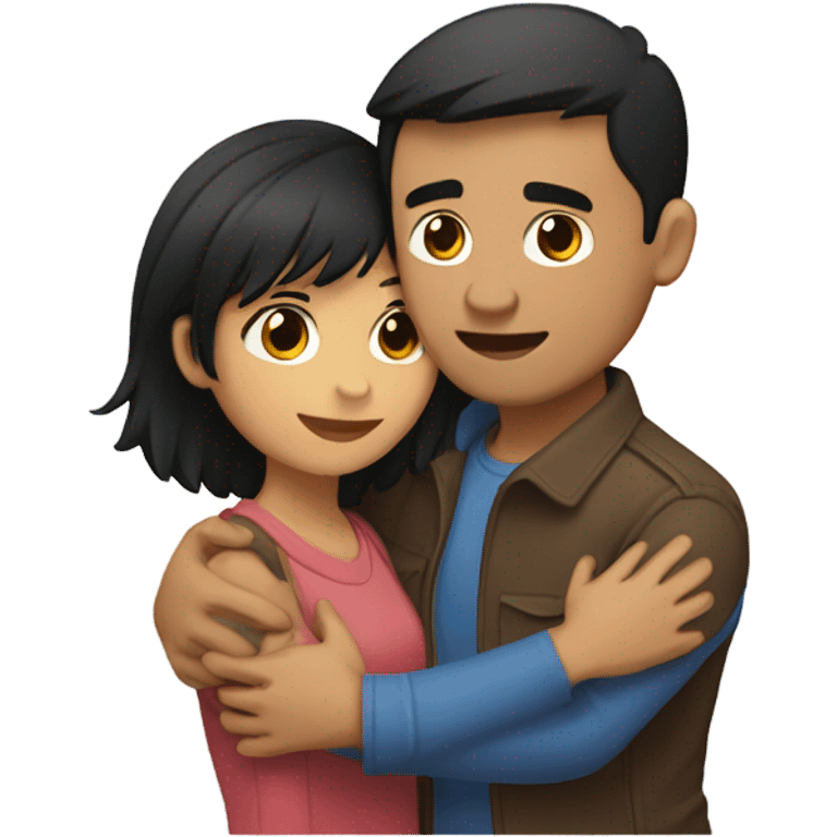 Couple hugging, Latino man with short black hair hugging Filipino girl with short brown hair and bangs emoji