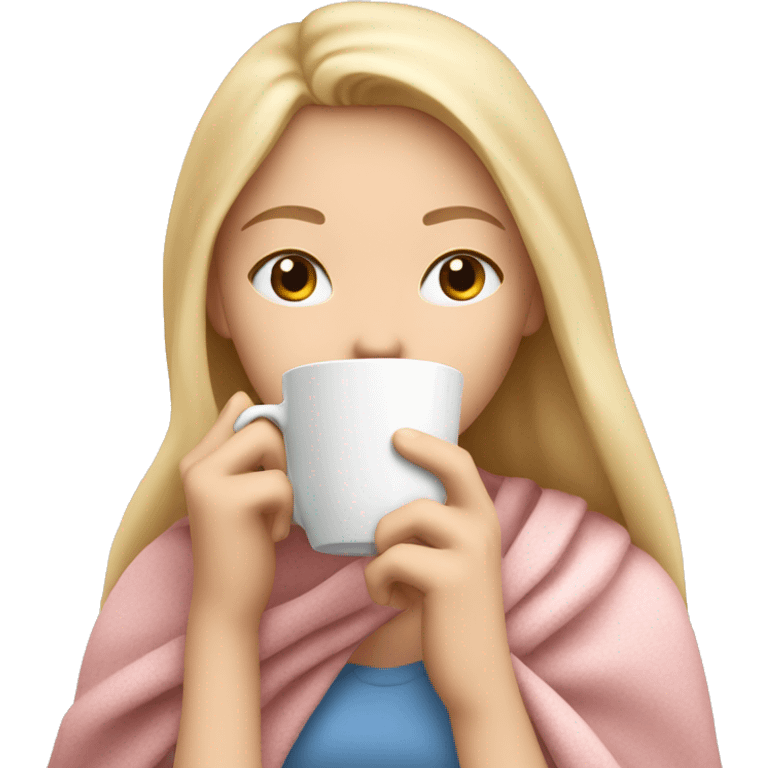 Blonde girl inside a light pink blancket sipping coffee eyes closed white skin blue eyes  emoji