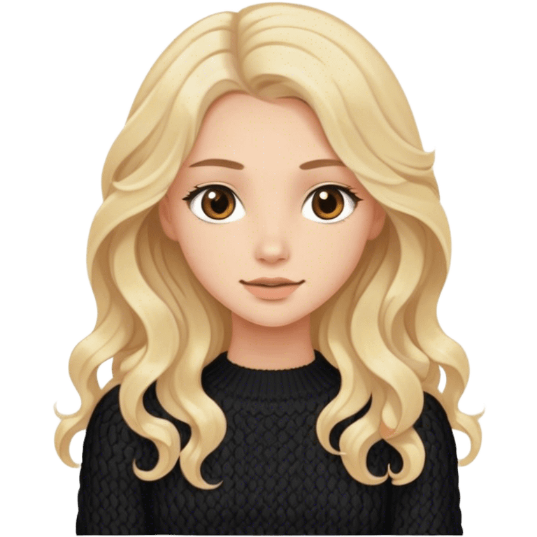 Blonde model with brown eyes, long wavy hair, black knitted sweater  emoji