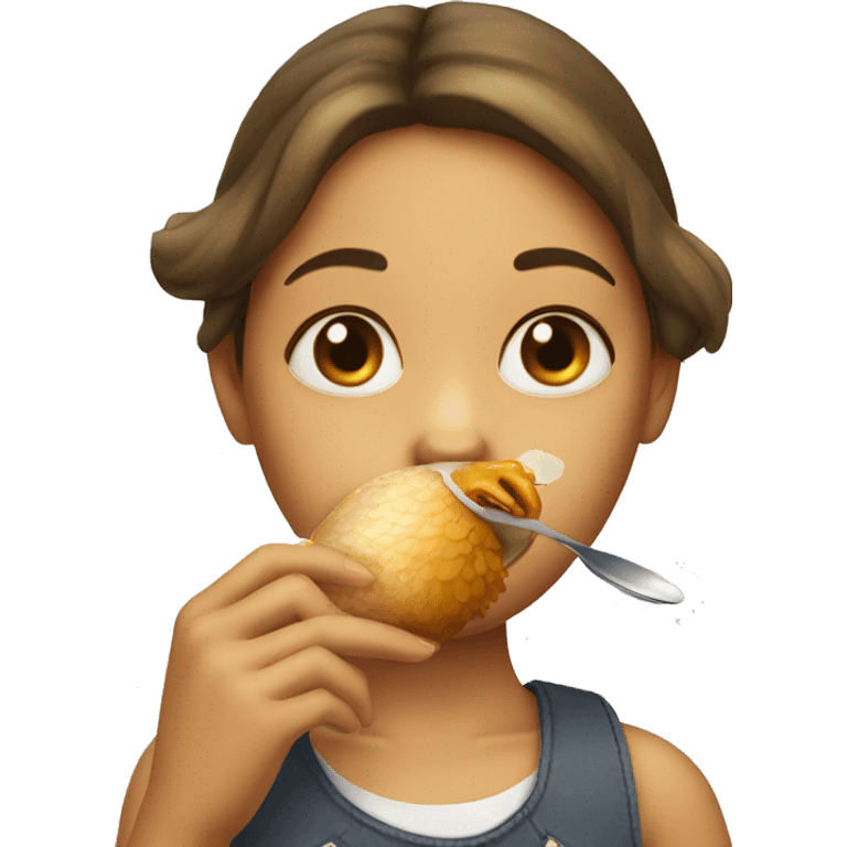 Girl drinking eating a fat chicken with a spoon on her head  emoji