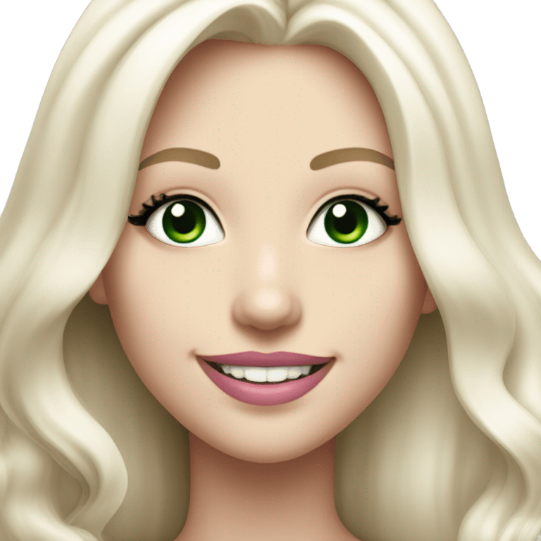 Smiling girl with long white blonde hair dark green eyes with black eyeliner very white teeth and pink lipstick emoji