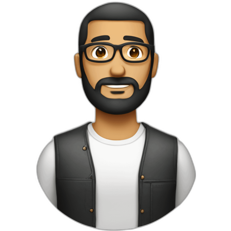 guy with tanned skin, a black buzzcut, big nose, round golden glasses, a bit of dark beard and a white shirt emoji