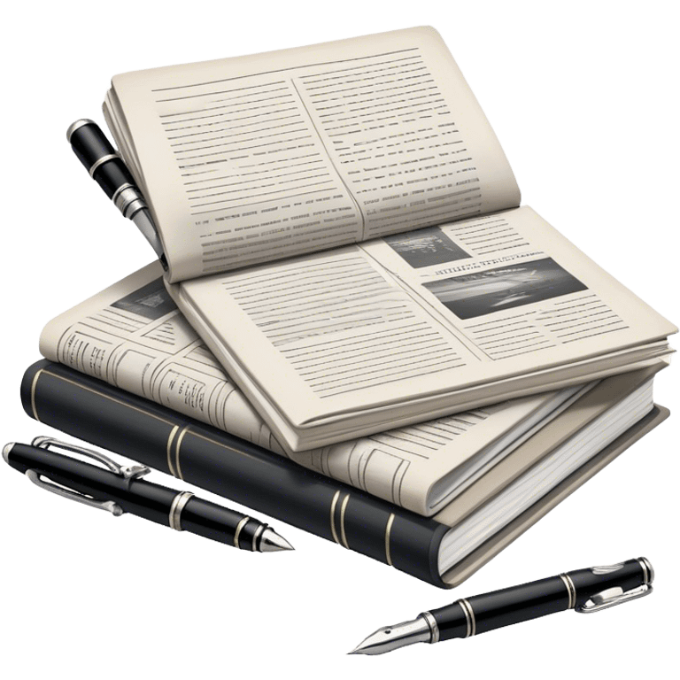 Create an emoji representing journalism and publicistic writing. The design should feature a stack of newspapers, an open notebook, and a single classic fountain pen placed on top of the notebook, symbolizing the act of writing. The scene should convey a sense of professionalism and thoughtful analysis. Use a neutral and professional color palette, with black, white, and muted tones. Do not include any emojis or smiley faces. Make the background transparent. emoji