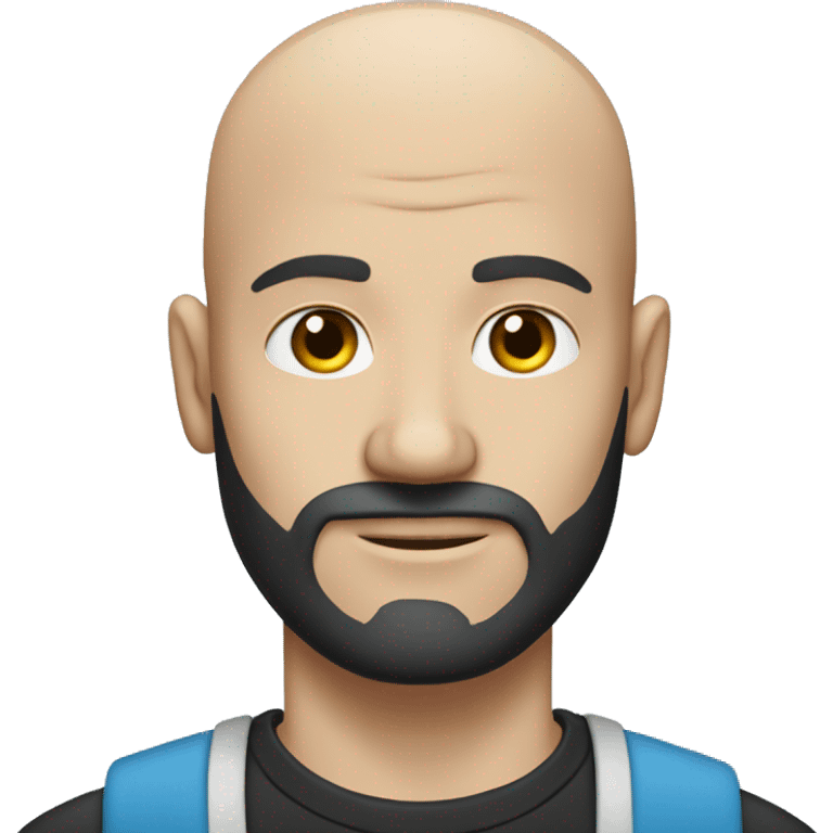 Bald guy with blue eyes, dark beard and a t-shirt with a skull emoji