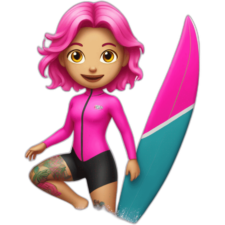 Girl with tattoos wearing a bright pink wetsuit surfing in Indonesia emoji