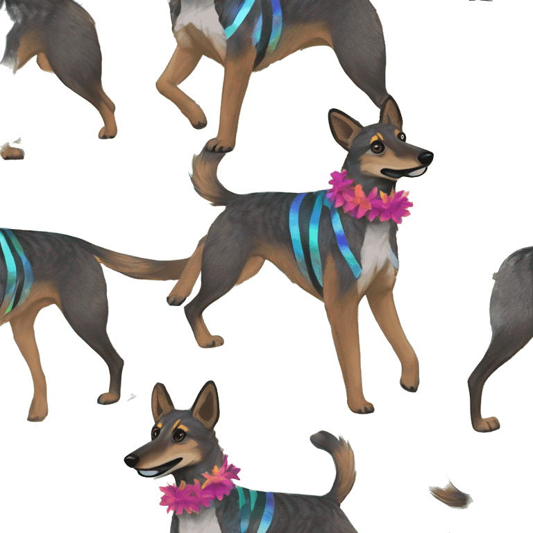  brindle brown black maroon striped lurcher Alsatian fox running blue eyes and iridescent holographic oilslick harness wearing paper iridescent tropical flower crown yellow caution tape emoji