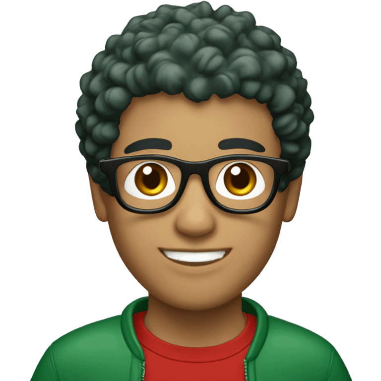 Unisex person ’light skin’ ’short curly dark green hair’ in a ’red Santa hat’ and black tshirt and round glasses  emoji